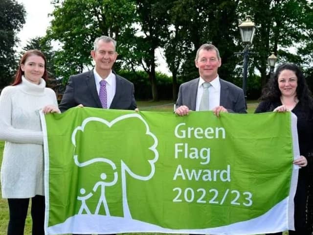 Mairead Parke, volunteer, Creggan Country Park, Edwin Poots MLA, Evironment Minister, Dr Ian Humphreys, Chief Executive, Keep Northern Ireland Beautiful, Karen Healy, Environmental Officer, Creggan Country Park.