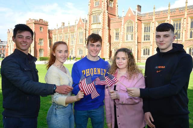 Oisin O’Donnell, centre, with, from left, Ewan McComb (Castlerock), Maire O’Kane (Magherafelt), Grace Owens (Magherafelt) and Ronan McKee (Magherafelt), who have been selected to take part in prestigious Study USA programme and will spend a year studying in the USA.