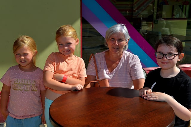 Catherine Metcalfe pictured with her grandchildren Clodagh and Cara Gallagher and Erin Fitzpatrick, in the city centre, yesterday afternoon.  Photo: George Sweeney.  DER2232GS – 025