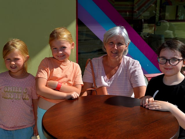 Catherine Metcalfe pictured with her grandchildren Clodagh and Cara Gallagher and Erin Fitzpatrick, in the city centre, yesterday afternoon. Photo: George Sweeney. DER2232GS – 025