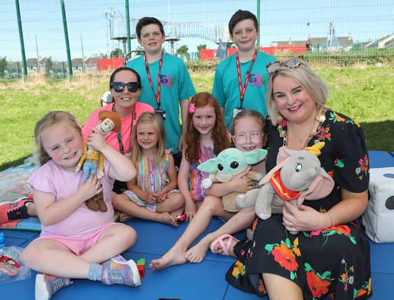 Mayor Sandra Duffy with Fionnuala Lynch, Senior Youth Worker, Ballyarnett area, with children at the Teddy Bears picnic held in the Shantallow Playpark. (Photo - Tom Heaney, nwpresspics)