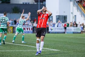 Michael Duffy reacts after Alan Mannus saves his shot moments after coming off the bench against Shamrock Rovers. Photo by Kevin Moore.