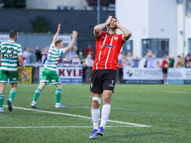 Michael Duffy reacts after Alan Mannus saves his shot moments after coming off the bench against Shamrock Rovers. Photo by Kevin Moore.