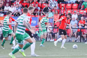 Will Patching in action against Shamrock Rovers on Friday night. Photograph by Kevin Moore.