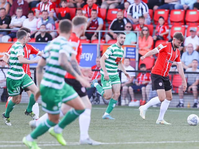 Will Patching in action against Shamrock Rovers on Friday night. Photograph by Kevin Moore.