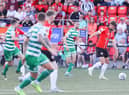 Will Patching in action against Shamrock Rovers on Friday night. Photograph by Kevin Moore.