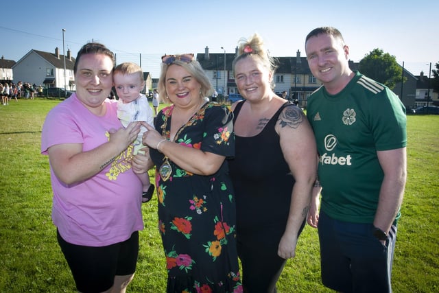 The Mayor Sandra Duffy pictured with Enya Doherty and 5 months old Jonathan, and Brenda and Johnny Shiels enjoying Thursday's 'Party in the Park' in Shantallow.