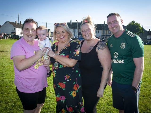 The Mayor Sandra Duffy pictured with Enya Doherty and 5 months old Jonathan, and Brenda and Johnny Shiels enjoying Thursday's 'Party in the Park' in Shantallow.