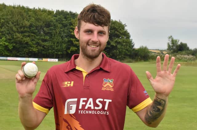 Bready's Gregory McFaul celebrates taking five wickets in Sunday's Eric Cooke Cup final win over Burndennett. Picture by Lawrence Moore