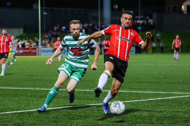 Shamrock Rovers centre-back Sean Hoare keeps a close eye on Derry City's Michael Duffy, during Friday night's scoreless draw. Picture by Kevin Moore/MCI