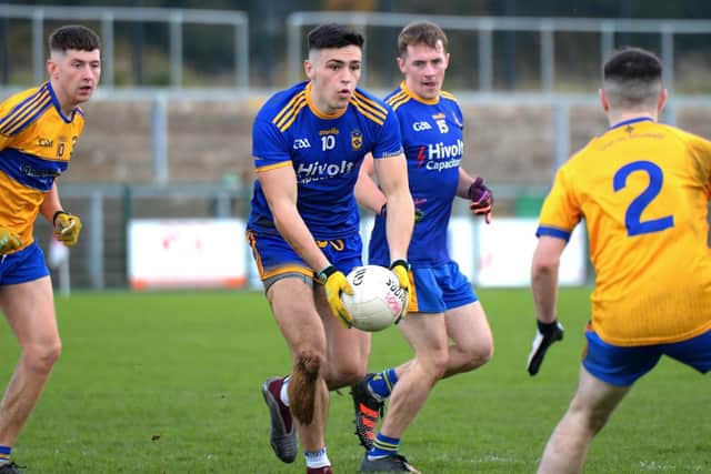 Ben McCarron scored 0-2 but it was a harsh lesson for Steelstown in their senior championship opener against Slaughtneil. (Photo: George Sweeney)