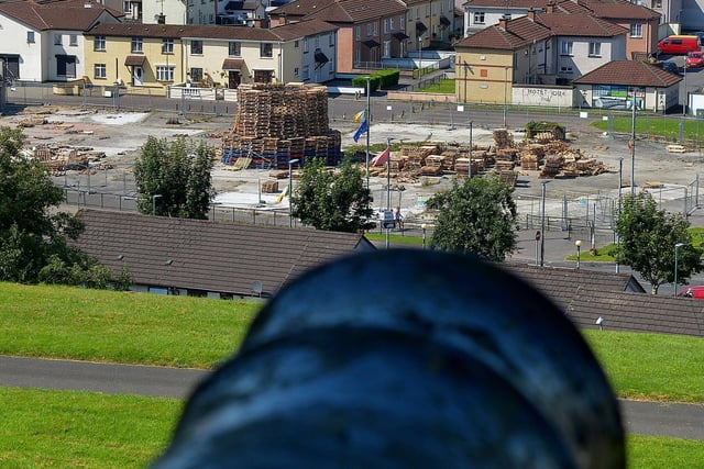 Bonfire under construction in Meenan’s Square in the Bogside..  Photo: George Sweeney.  DER2232GS – 063