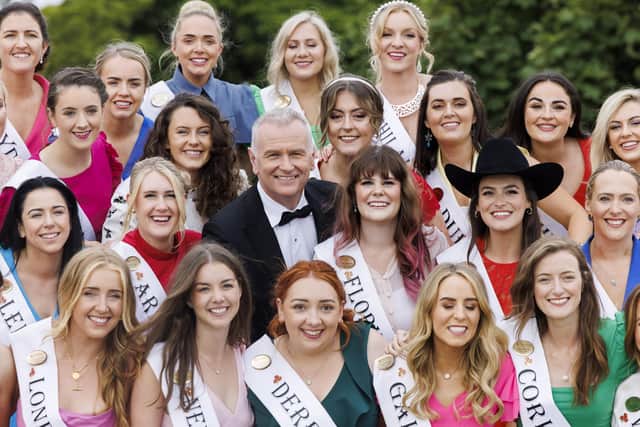 Derry Rose Aine Morrison, front (centre) with Rose of Tralee International Festival host Dáithí " Sé and fellow Roses as they unite after a three-year hiatus at the RTÉ Rose of Tralee International Festival launch 2022, Sandymount Beach in Dublin. Picture Andres Poveda