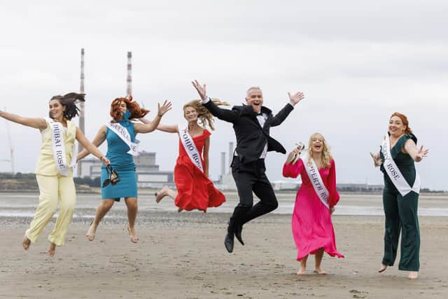 Rose of Tralee International Festival host Dáithí " Sé pictured as the Roses unite after 3-year hiatus at the RTÉ Rose of Tralee International Festival launch 2022, Sandymount Beach in Dublin. Derry Rose Aine Morrison is pictured on the far right. Picture Andres Poveda