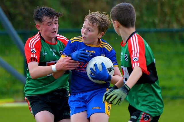 John McChrystal U13 Cup winners Doire Trasna take on Steelstown during Sunday morning’s competition at Corrody Road last. Photo: George Sweeney. DER2233GS – 010