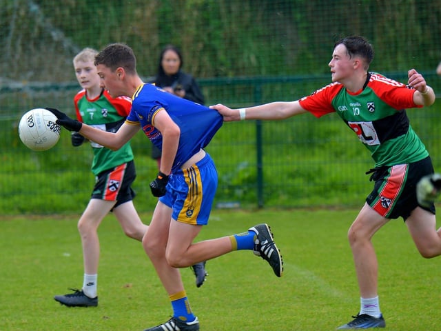 John McChrystal U13 Cup winners Doire Trasna  take on Steelstown during  Sunday morning’s competition at Corrody Road last. Photo: George Sweeney.  DER2233GS – 011
