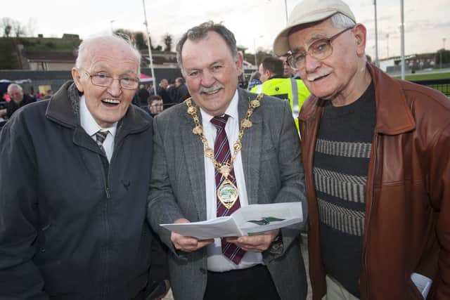 Former Mayor, Colr Maoliosa McHugh with Leo Gallagher and John Gallagher at the Brandywell in 2018.