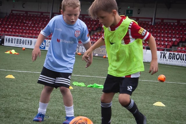 Eyes on the ball during one of the sessions at the Ryan McBride Summer Soccer Academy this week in Brandywell Stadium. (Photo: Jim McCafferty)