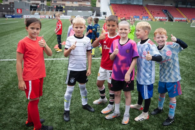 Some of the youngsters taking part in the Ryan McBride Summer Soccer Academy at the Brandywell. (Photo: Jim McCafferty)