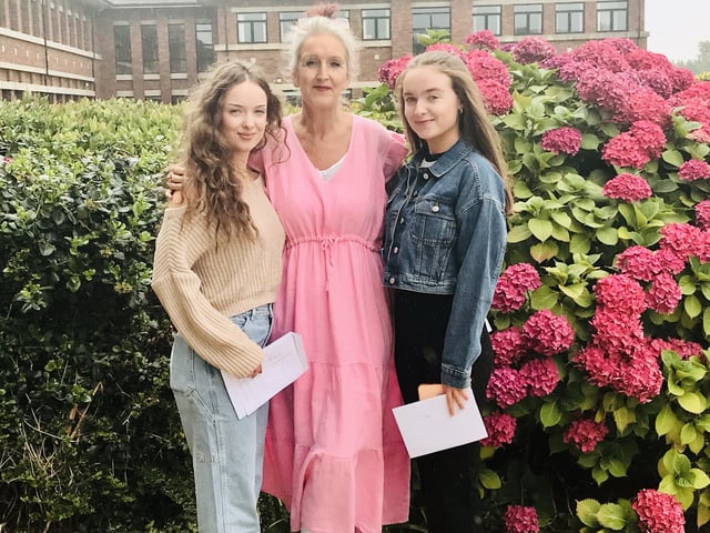 A-Level students from Thornhill College with Sharon Mallett, Principal.
