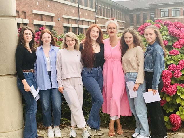 A-Level students from Thornhill College with Sharon Mallett, Principal.