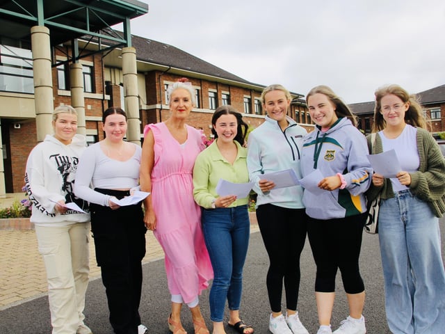 A-Level students from Thornhill College with Sharon Mallett, Principal.