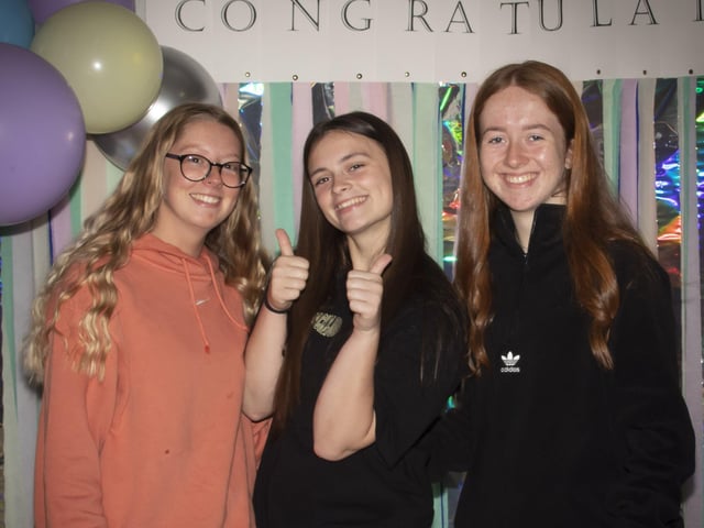 GIRLS DID WELL!. . . A Level students Abbie-Lee Miller, Louise Harkin and Emma Connolly happy with their results on Thursday at St. Maryâ€TMs College.