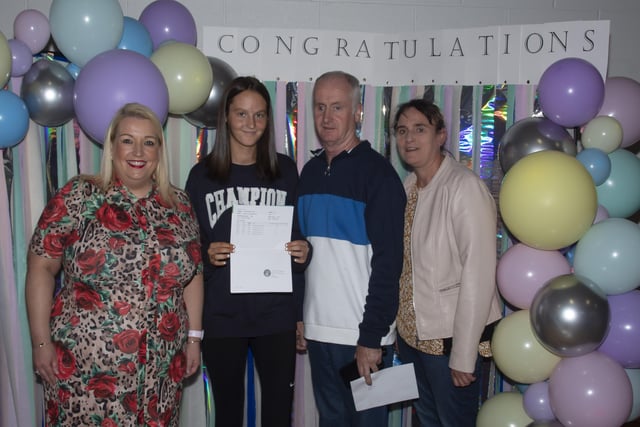 Roisin Rice, Vice Principal, St. Maryâ€TMs College pictured with Nicole Morrison who picked up 3As and 1B in her A Levels. Included are prou parents Paul and Amelia.