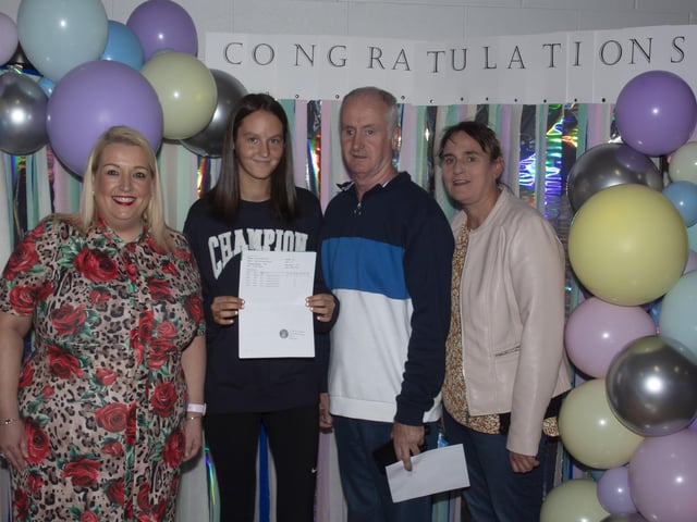 Roisin Rice, Vice Principal, St. Maryâ€TMs College pictured with Nicole Morrison who picked up 3As and 1B in her A Levels. Included are prou parents Paul and Amelia.