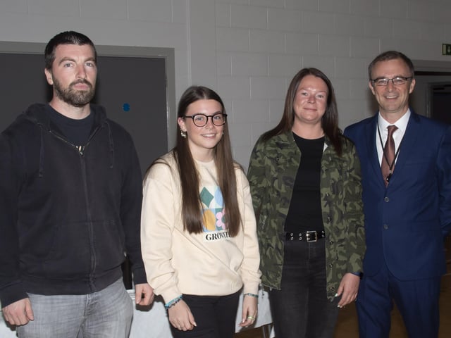 Mr. Brendan McGinn, Principal, St. Maryâ€TMs College pictured with A Level student Kayla Doherty and her parents Mark and Catherine on Thursday.