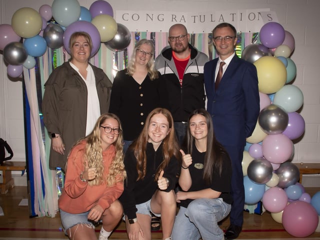 Mr. Brendan McGinn, Principal, St. Maryâ€TMs College pictured with some of the schoolâ€TMs A Level students and their parents on Thursday morning.