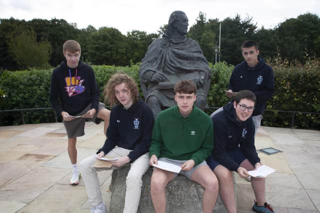 A-LEVELS AT ST. COLUMB â€TMS. . . .A Level students checking their results at St. Columbâ€TMs College on Thursday. From left, Joshua Downey, Johnathan McLooney, Riley McKeever, Cormac Turley and Jake Chang. (Photos: Jim McCafferty Photography)
