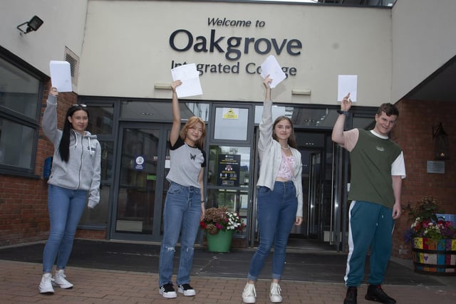 STUDENTS DID WELL!. . . .Oakgrove Intgegrated College A Level students pictured after getting their results on Thursday morning. From left, Cora Wong, Zita Cheung, Adriana Behemanaite and Adam Browne.
