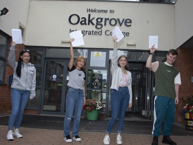 STUDENTS DID WELL!. . . .Oakgrove Intgegrated College A Level students pictured after getting their results on Thursday morning. From left, Cora Wong, Zita Cheung, Adriana Behemanaite and Adam Browne.