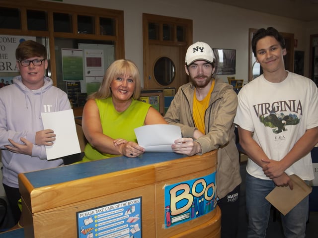 Mrs. Ciara Deane, Principal Designate, St. Josephâ€TMs Boys School pictured with A Level students Conor McKendrick, Jason McLaughlin and Ethan Cooper, after they received their results on Thursday at the school.