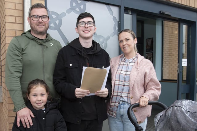 PROUD PARENTS. . . . .Emmett and Sarah Coyle pictured with their son Cameron after getting his A Level results at St. Josephâ€TMs Boys School on Thursday morning. Included are Cameronâ€TMs siblings Anna and Torin. (Photos: Jim McCafferty Photography)