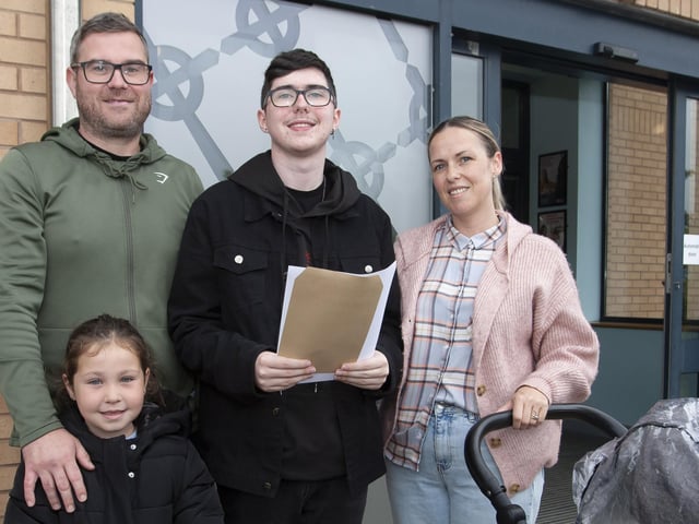 PROUD PARENTS. . . . .Emmett and Sarah Coyle pictured with their son Cameron after getting his A Level results at St. Josephâ€TMs Boys School on Thursday morning. Included are Cameronâ€TMs siblings Anna and Torin. (Photos: Jim McCafferty Photography)