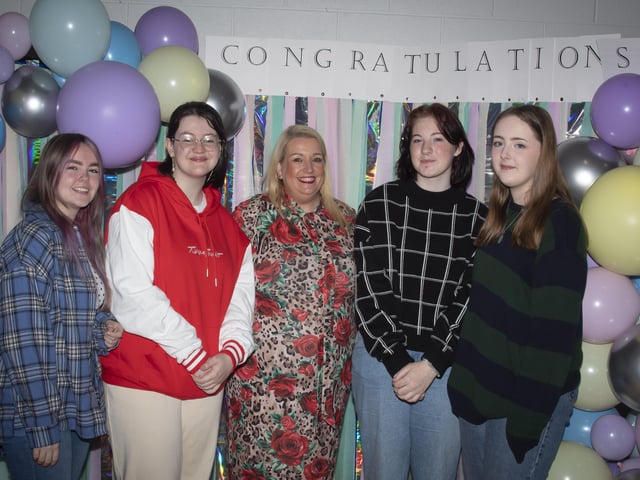 Roisin Rice, Vice Principal, St. Maryâ€TMs College pictured with A Level students Orla Devine, Julie Lavery, Aoibheann Barr and Abigail Moore.
