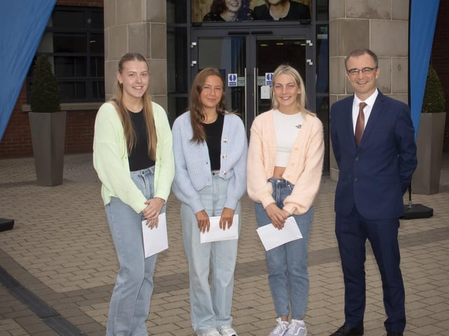 Mr. Brendan McGinn, Principal, St. Maryâ€TMs College pictured with A Level students Rosa Duddy, Aine Margey and Emilie Hagan on Thursday.