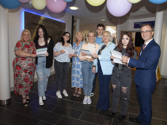 ST. MARYâ€TMS A LEVEL VISIT BY MAYOR. . . .The Mayor of Derry City and Strabane District Council and former pupil of St. Maryâ€TMs, Sandra Duffy, paid a courtesy call yesterday to her former alma mater to congratulate A Level students on their results. She is pictured with senior staff and some of the pupils. From left are Roisin Rice, Vice Principal, Chloe Doyle, Aisling Campbell, Katrina Kealey, Vice Principal, Emilie Hagan, Roin Rosborough, Aimee Montgomery and Brendan McGinn, Principal. (Photos: Jim McCafferty Photography)