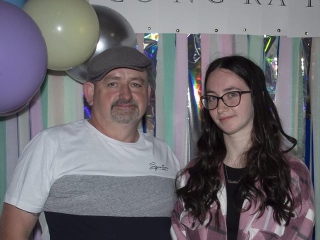 A Level student Caitlin McCafferty pictured with her dad Kevin after getting her results at St. Maryâ€TMs College on Thursday morning.