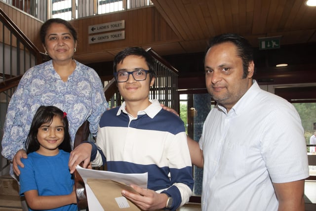 A very happy St. Columbâ€TMs College A Level student Jai Joshi pictured with his parents and sister after receiving his results on Thursday.