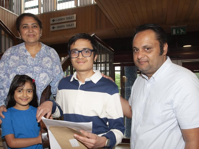 A very happy St. Columbâ€TMs College A Level student Jai Joshi pictured with his parents and sister after receiving his results on Thursday.
