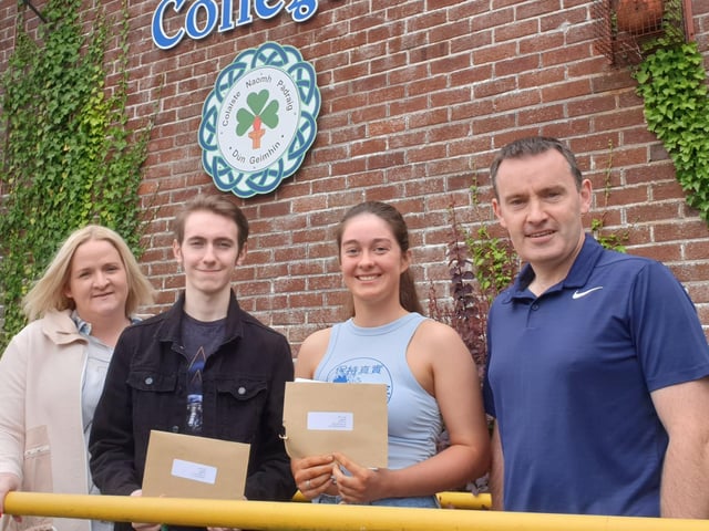 St. Patrick's College Dungiven. Outgoing Head Girl, Molly McCloskey and Head Boy, Dylan Farren pictured with Principal, Mrs. Scullion and Head of 6th Form, Mr. McMullan.