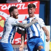 Coleraine Evan McLaughlin celebrates with Lee Lynch after scoring his first goal for the club. Picture by Brian Little/INPHO