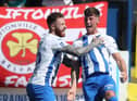 Coleraine Evan McLaughlin celebrates with Lee Lynch after scoring his first goal for the club. Picture by Brian Little/INPHO