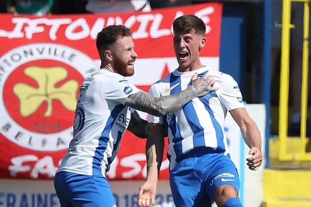 Coleraine Evan McLaughlin celebrates with Lee Lynch after scoring his first goal for the club. Picture by Brian Little/INPHO