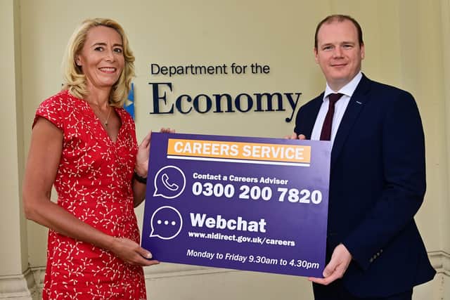 Economy Minister Gordon Lyons and Deputy Head of Careers Service, Christina Kelly encourage those seeking advice following exam results to contact the Careers Service.