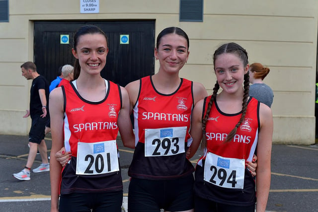 Spartans runners Anna, Lillie Mae and Aoife took part in the Colm Quigley Jog in the Bog on Thursday evening last. Photo: George Sweeney.  DER2233GS – 036