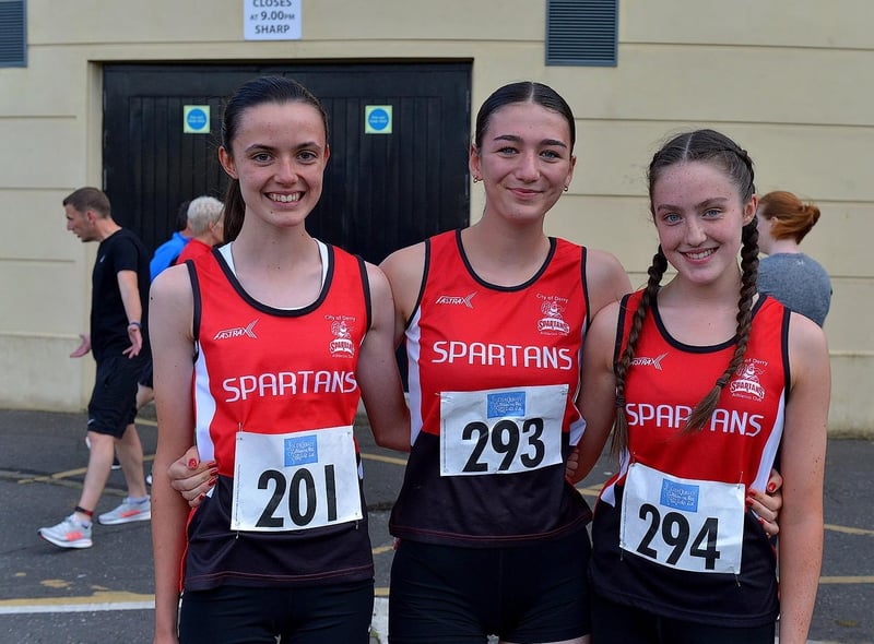 Spartans runners Anna, Lillie Mae and Aoife took part in the Colm Quigley Jog in the Bog on Thursday evening last. Photo: George Sweeney.  DER2233GS – 036